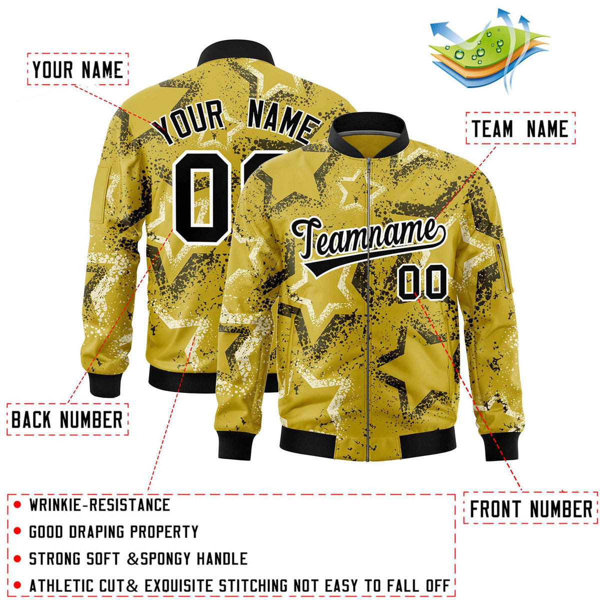 Custom Old Gold Varsity Full-Zip Star Pattern Letterman Bomber Jacket