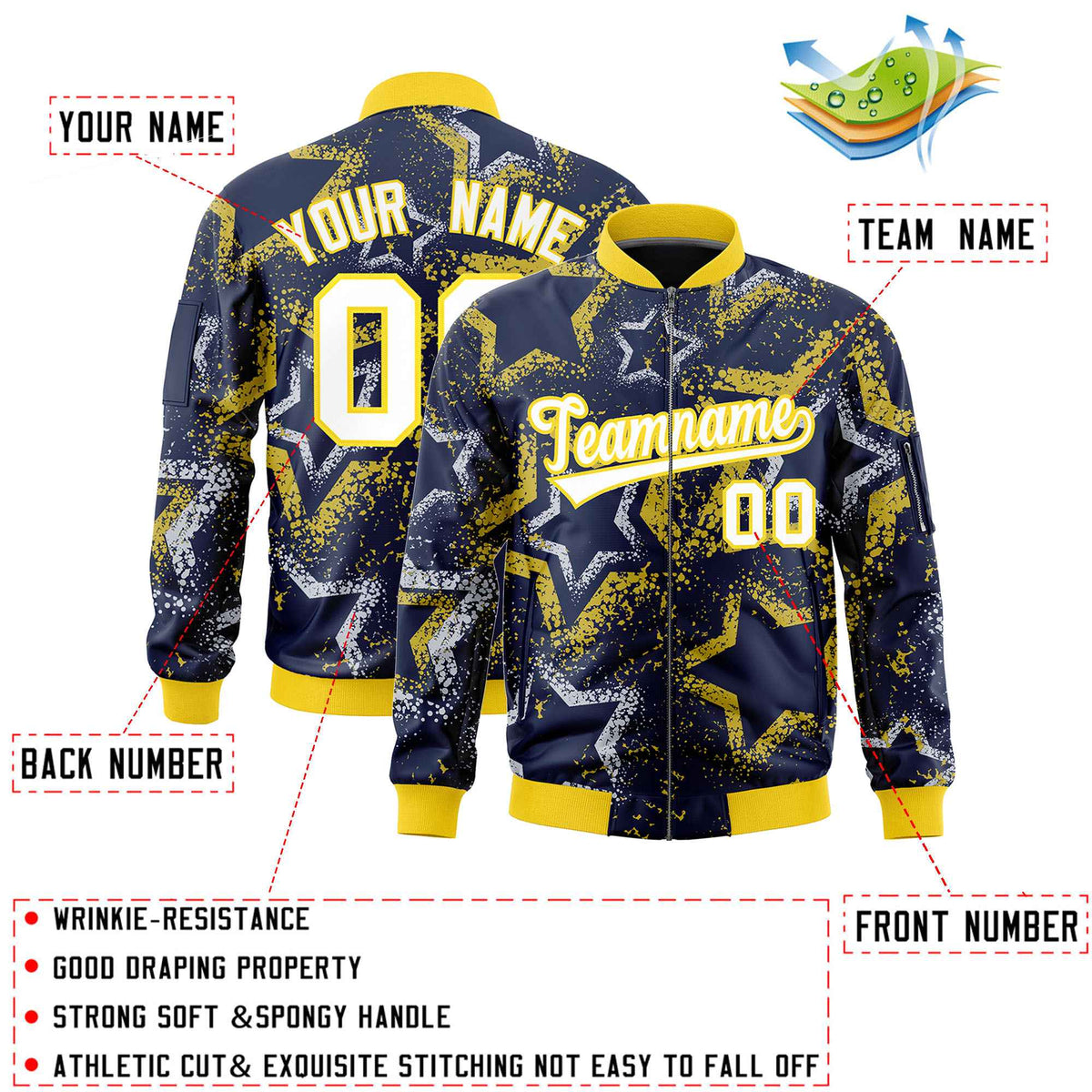Custom Navy Varsity Full-Zip Star Pattern Letterman Bomber Jacket