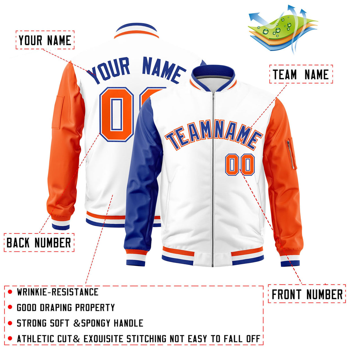 Custom White Royal Orange Varsity Full-Zip Raglan Sleeves Letterman Bomber Jacket