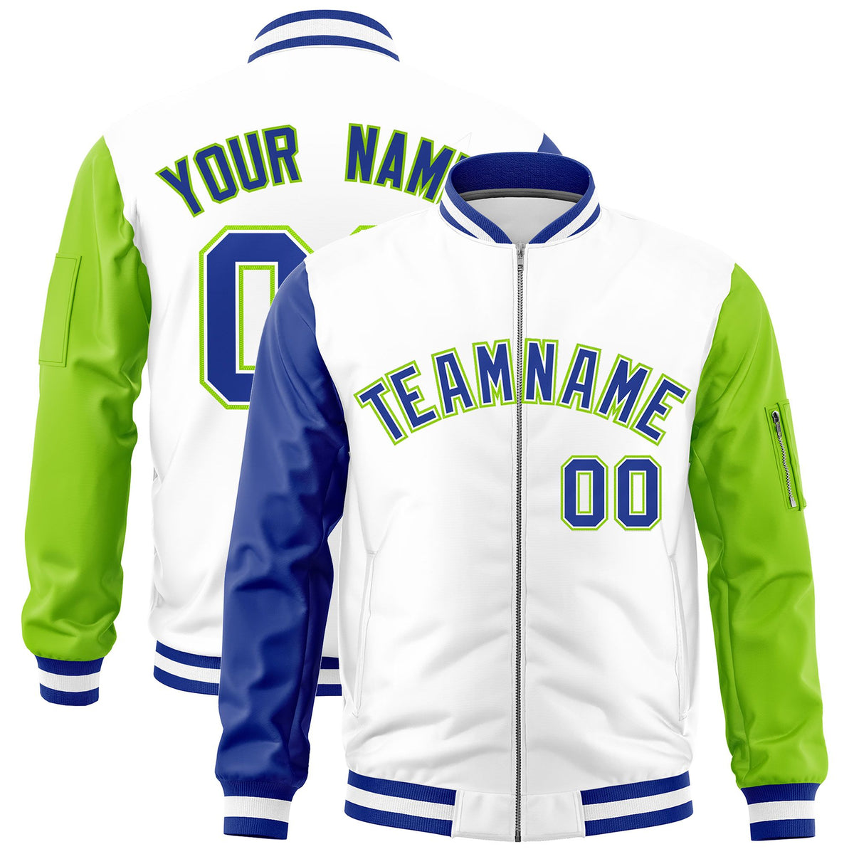 Custom White Royal Neon Green Varsity Full-Zip Raglan Sleeves Letterman Bomber Jacket