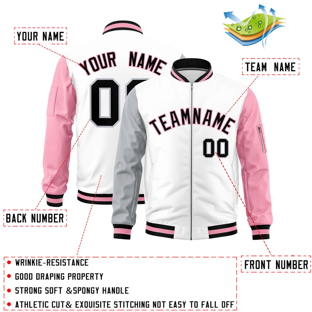 Custom White Silver Light Pink Varsity Full-Zip Raglan Sleeves Letterman Bomber Jacket