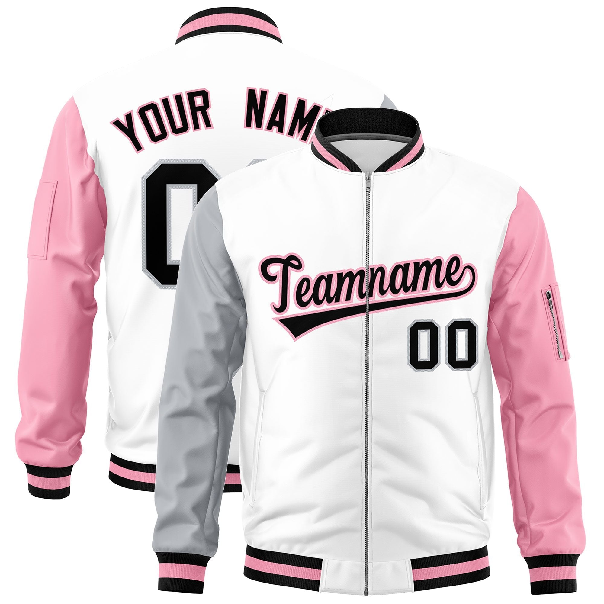 Custom White Silver Light Pink Varsity Full-Zip Raglan Sleeves Letterman Bomber Jacket