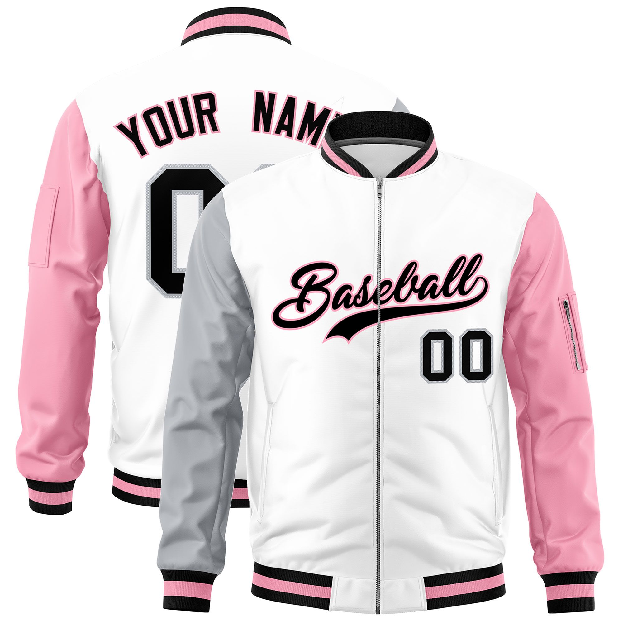 Custom White Silver Light Pink Varsity Full-Zip Raglan Sleeves Letterman Bomber Jacket