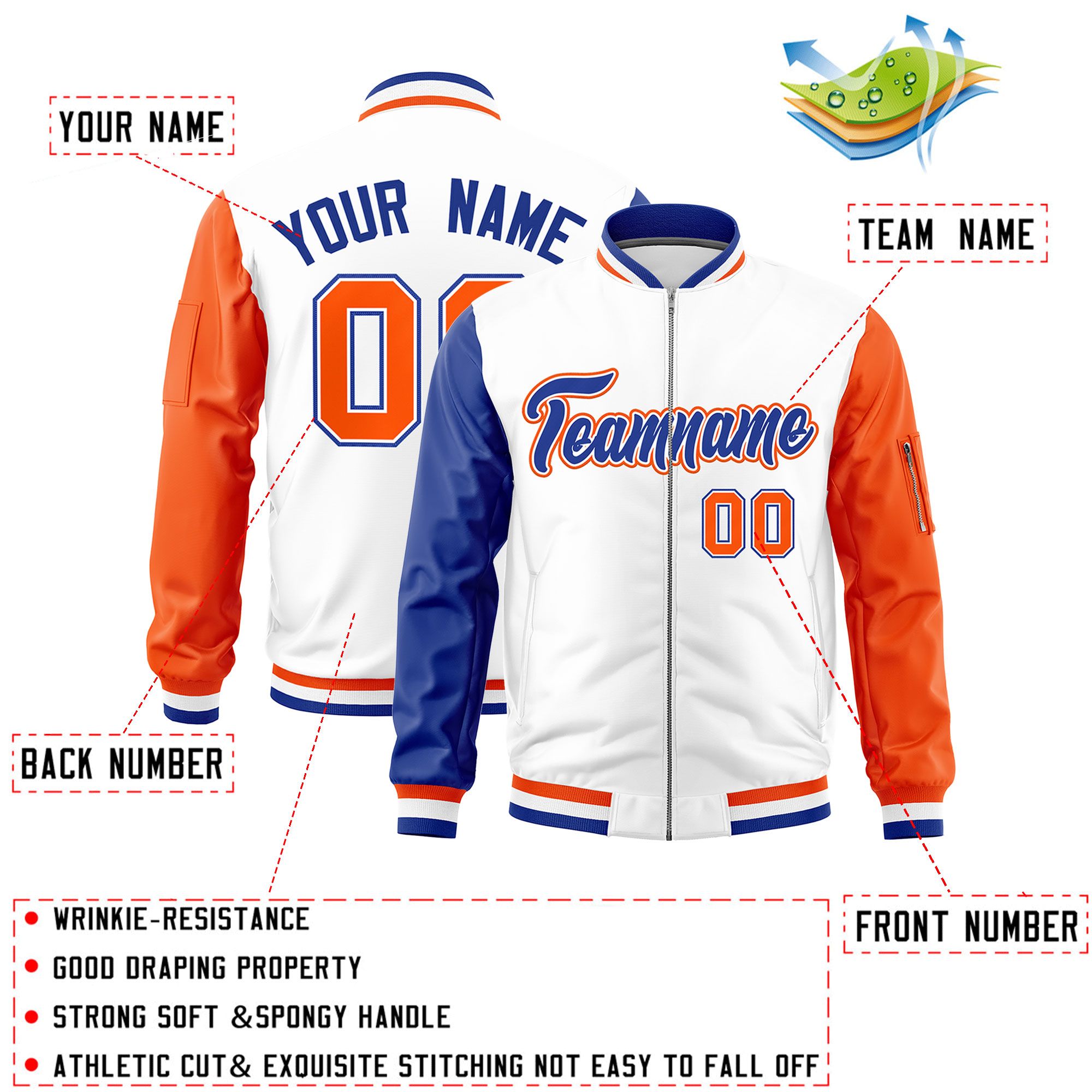 Custom White Royal Orange Varsity Full-Zip Raglan Sleeves Letterman Bomber Jacket