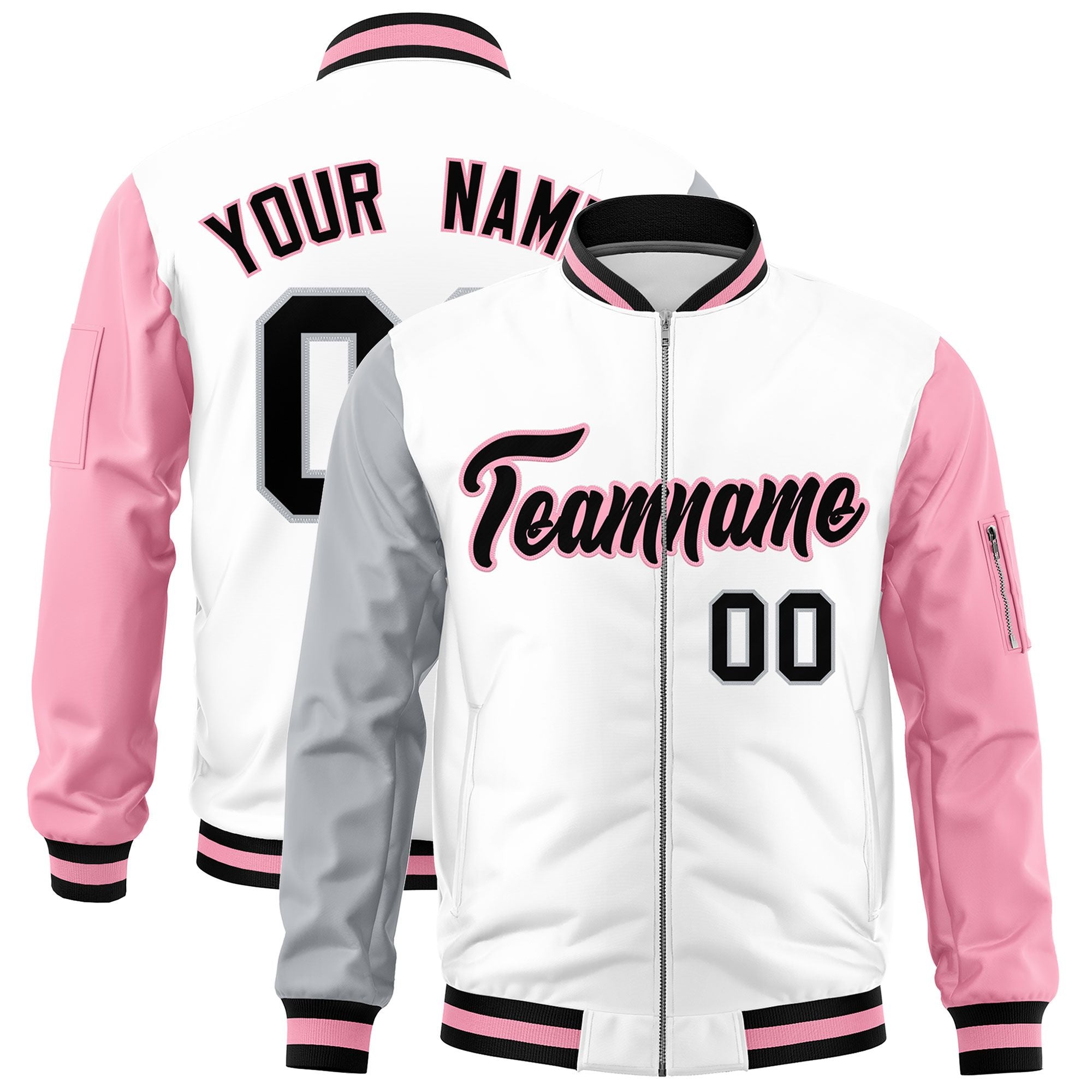 Custom White Silver Light Pink Varsity Full-Zip Raglan Sleeves Letterman Bomber Jacket
