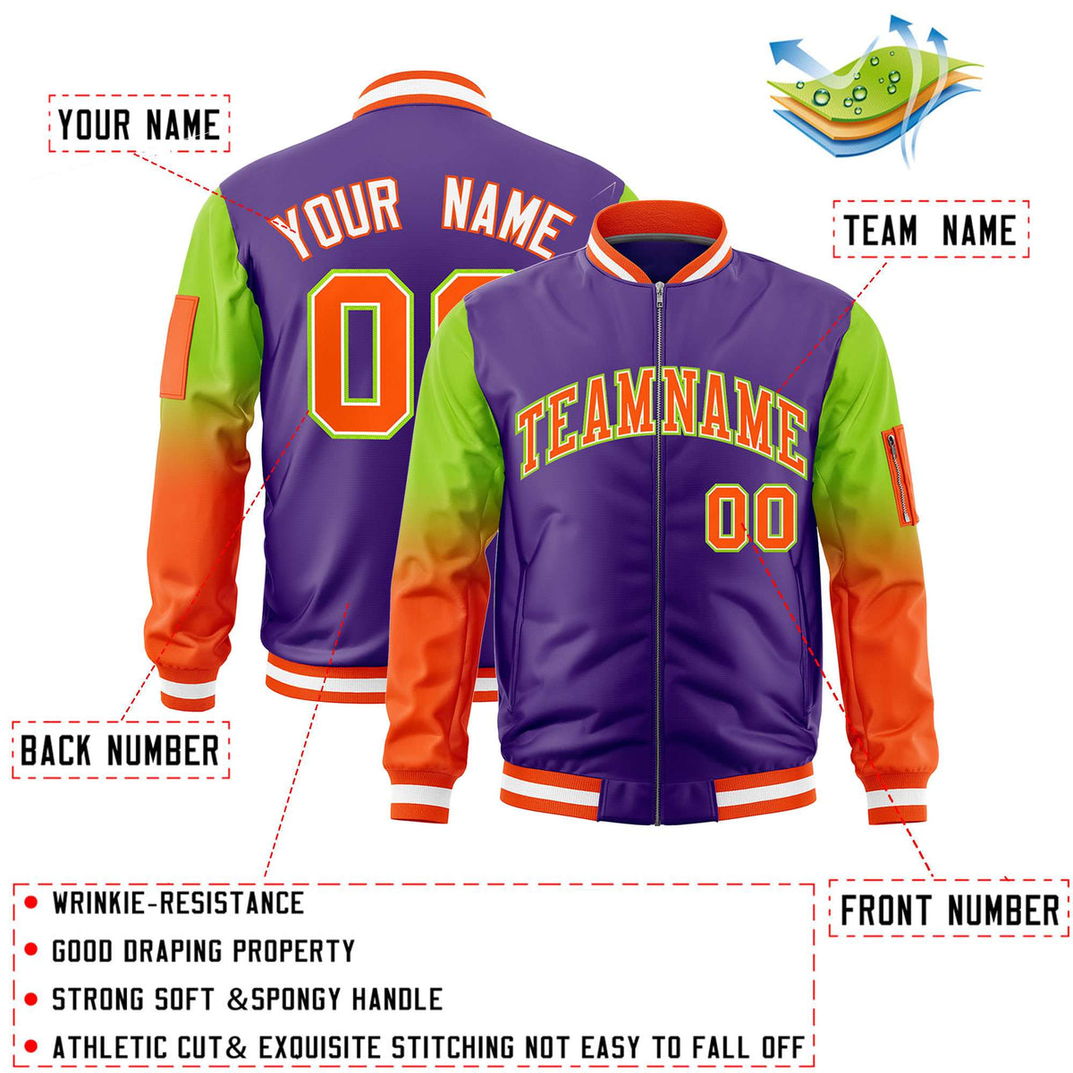 Custom Purple Neon Green-Orange Gaglan Sleeve Gradient Varsity Full-Zip Letterman Bomber Jacket