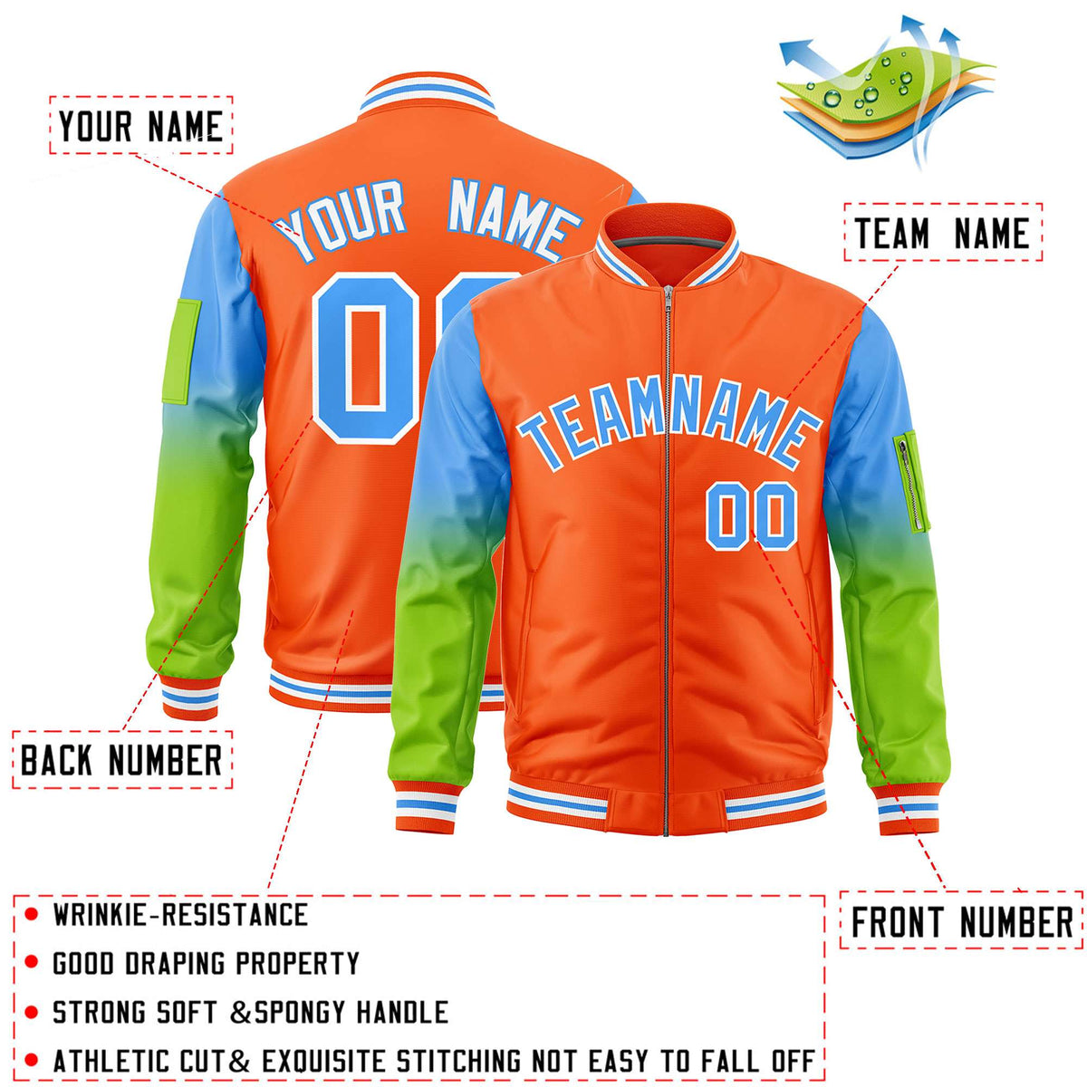 Custom Orange Powder Blue-Neon Green Gaglan Sleeve Gradient Varsity Full-Zip Letterman Bomber Jacket