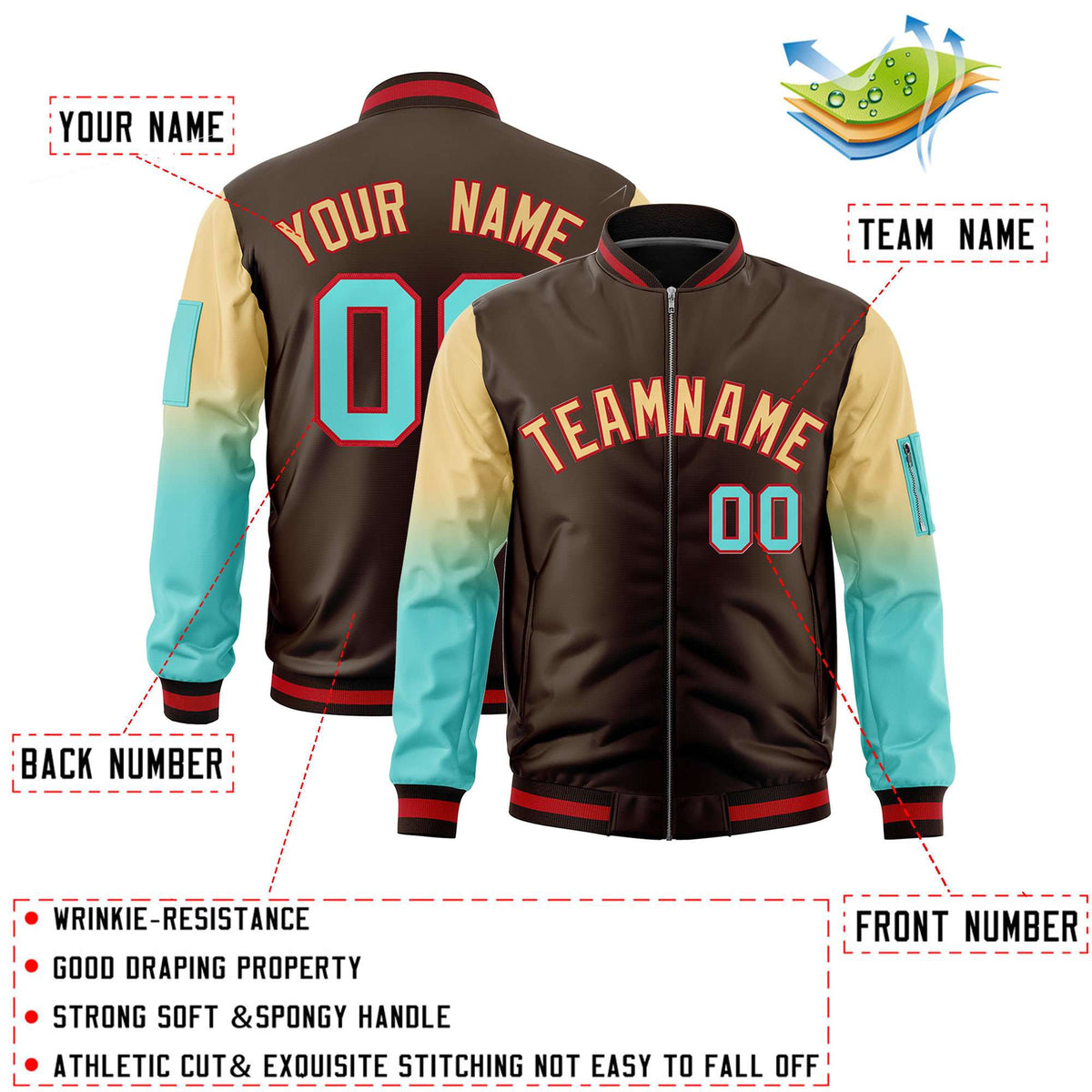 Custom Brown Khaki-Bright Green Gaglan Sleeve Gradient Varsity Full-Zip Letterman Bomber Jacket