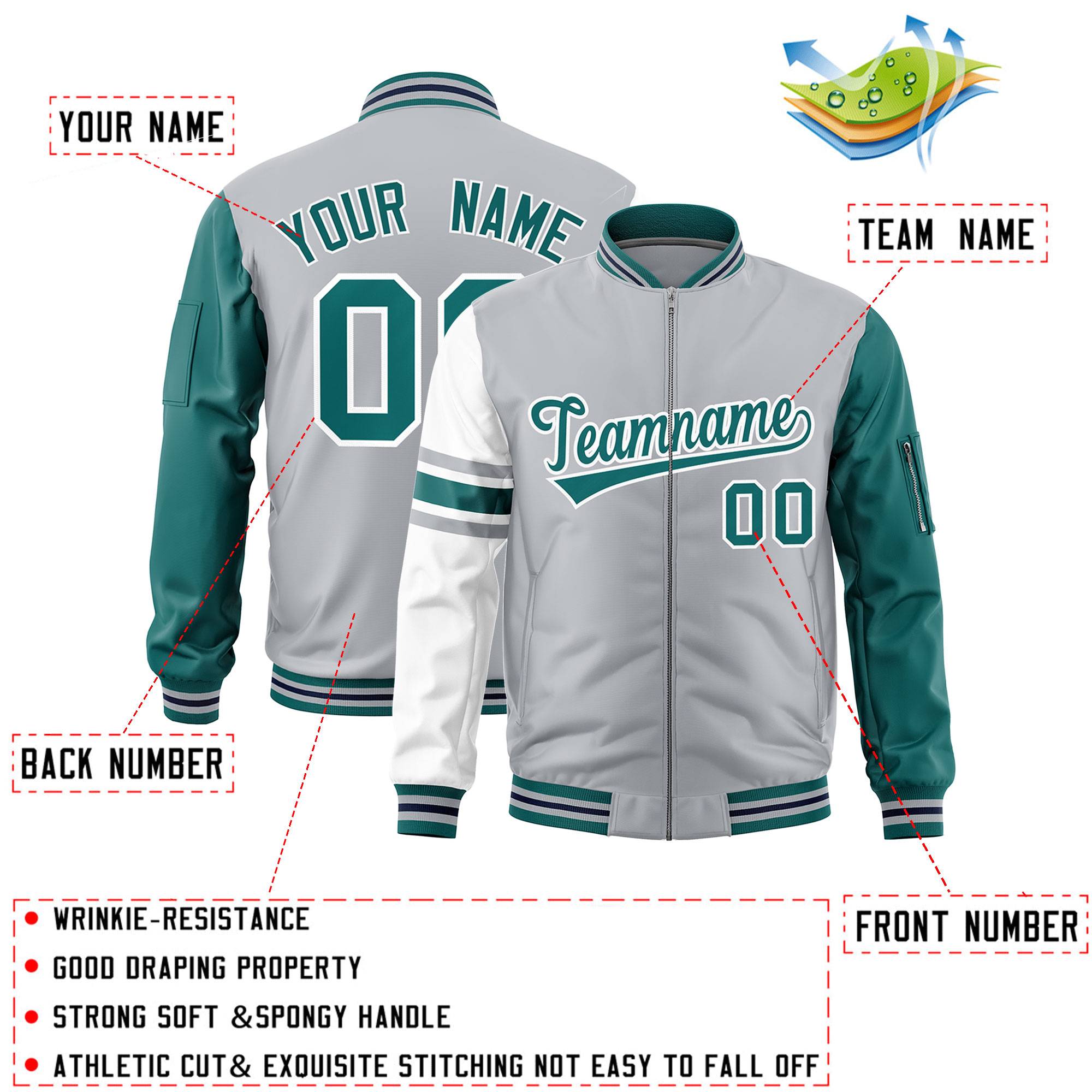 Custom Silver Aqua-White Varsity Full-Zip Raglan Sleeves Stripe Letterman Bomber Jacket