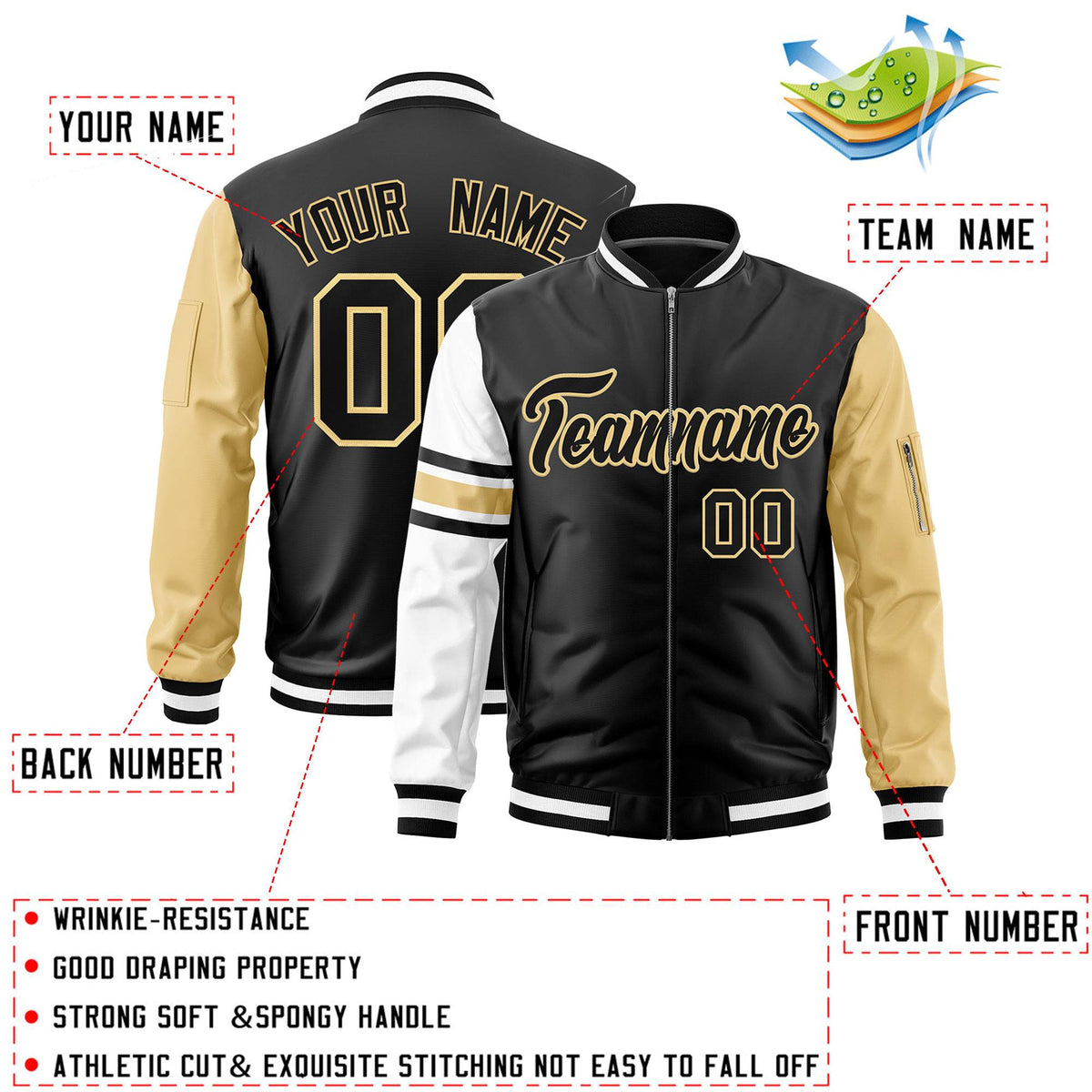 Custom Black Khaki-White Varsity Full-Zip Raglan Sleeves Stripe Letterman Bomber Jacket