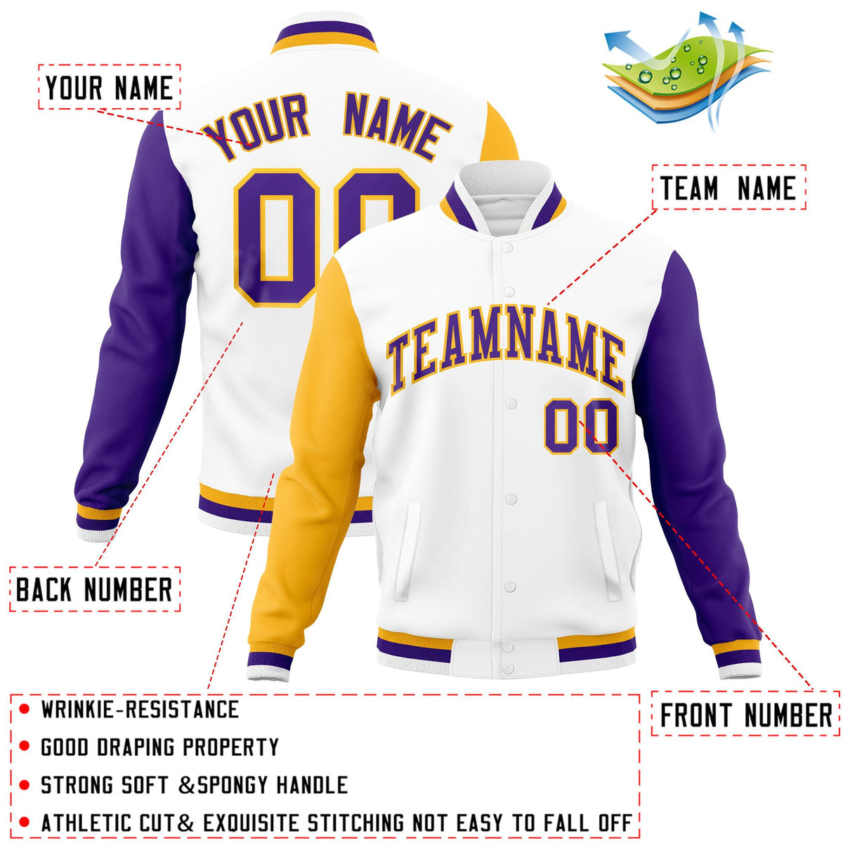 Custom White Purple-Gold Raglan Sleeves Varsity Full-Snap Letterman Jacket