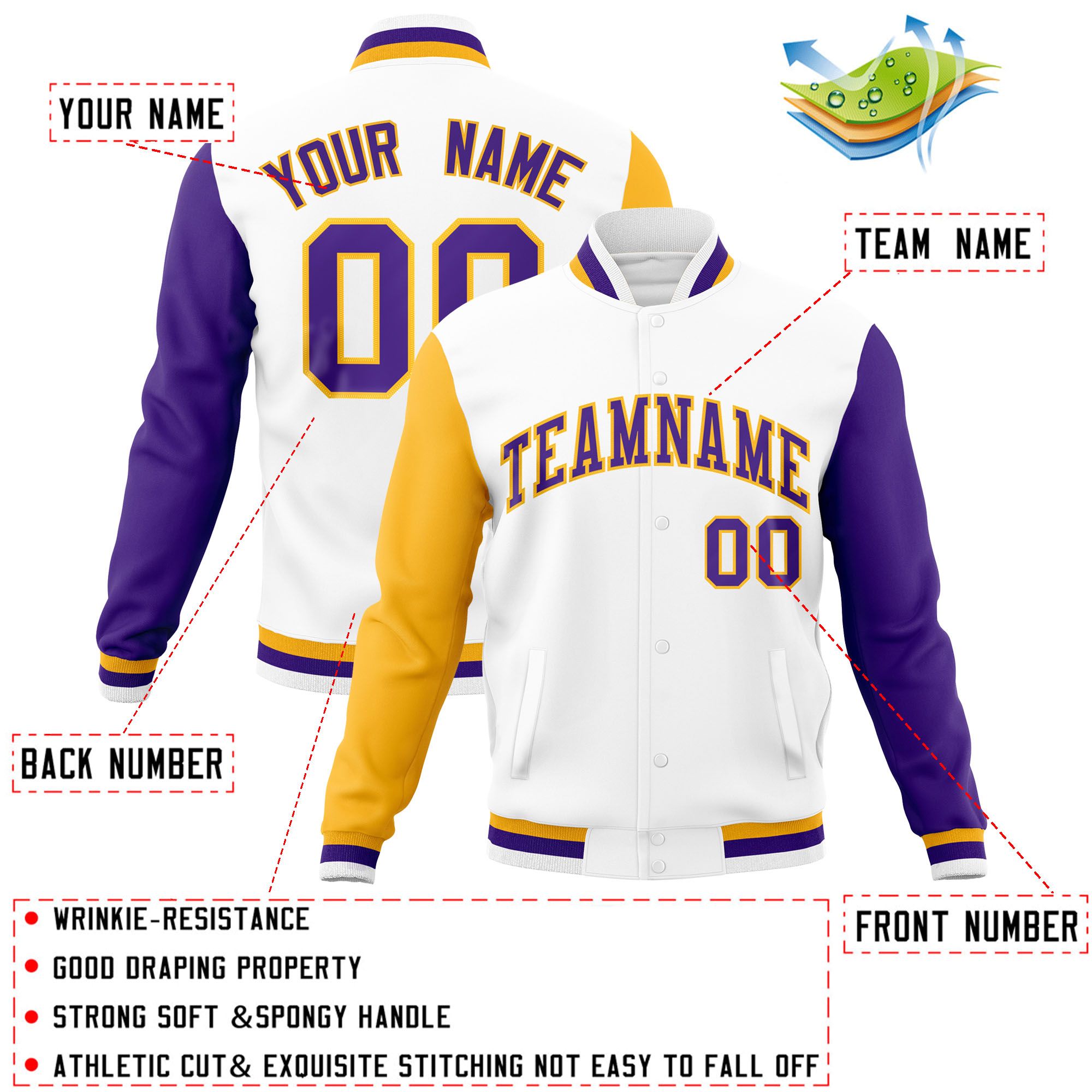 Custom White Purple-Gold Raglan Sleeves Varsity Full-Snap Letterman Jacket