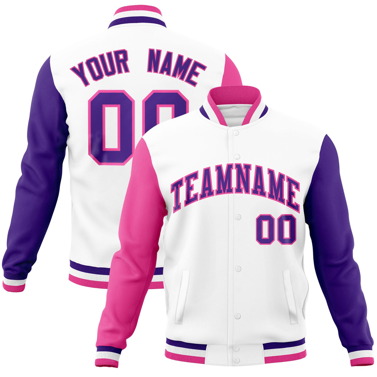 Custom White Purple-Pink Raglan Sleeves Varsity Full-Snap Letterman Jacket