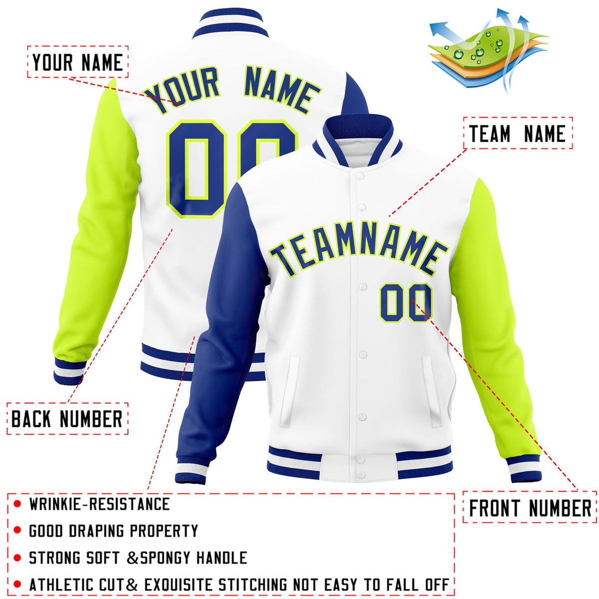 Custom White Neon Green-Royal Raglan Sleeves Varsity Full-Snap Letterman Jacket