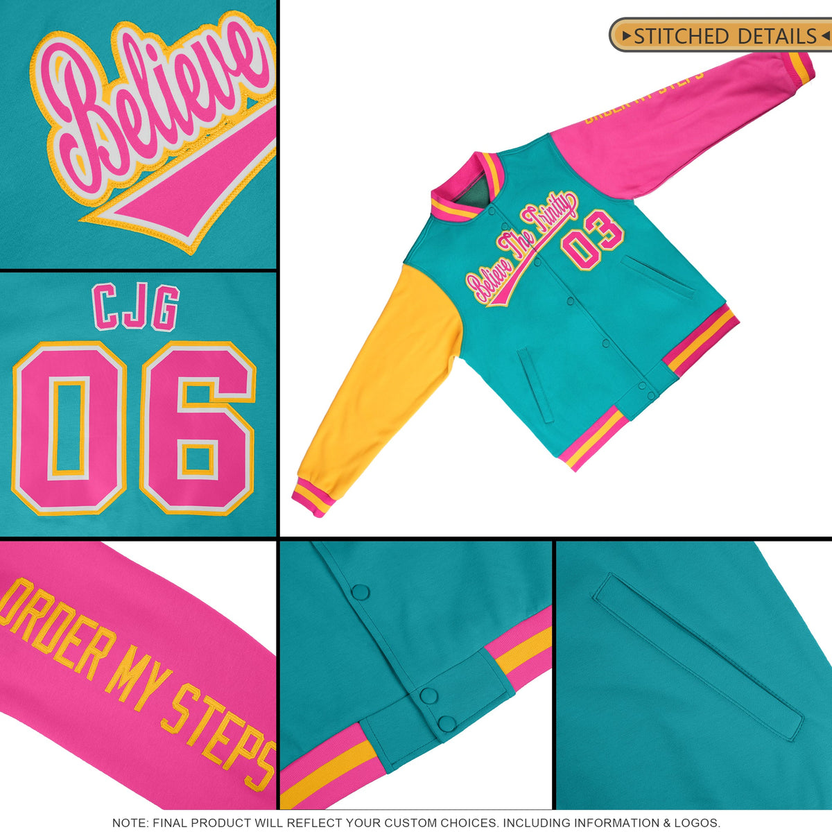 Custom Aqua Pink-Gold Raglan Sleeves Varsity Full-Snap Letterman Jacket