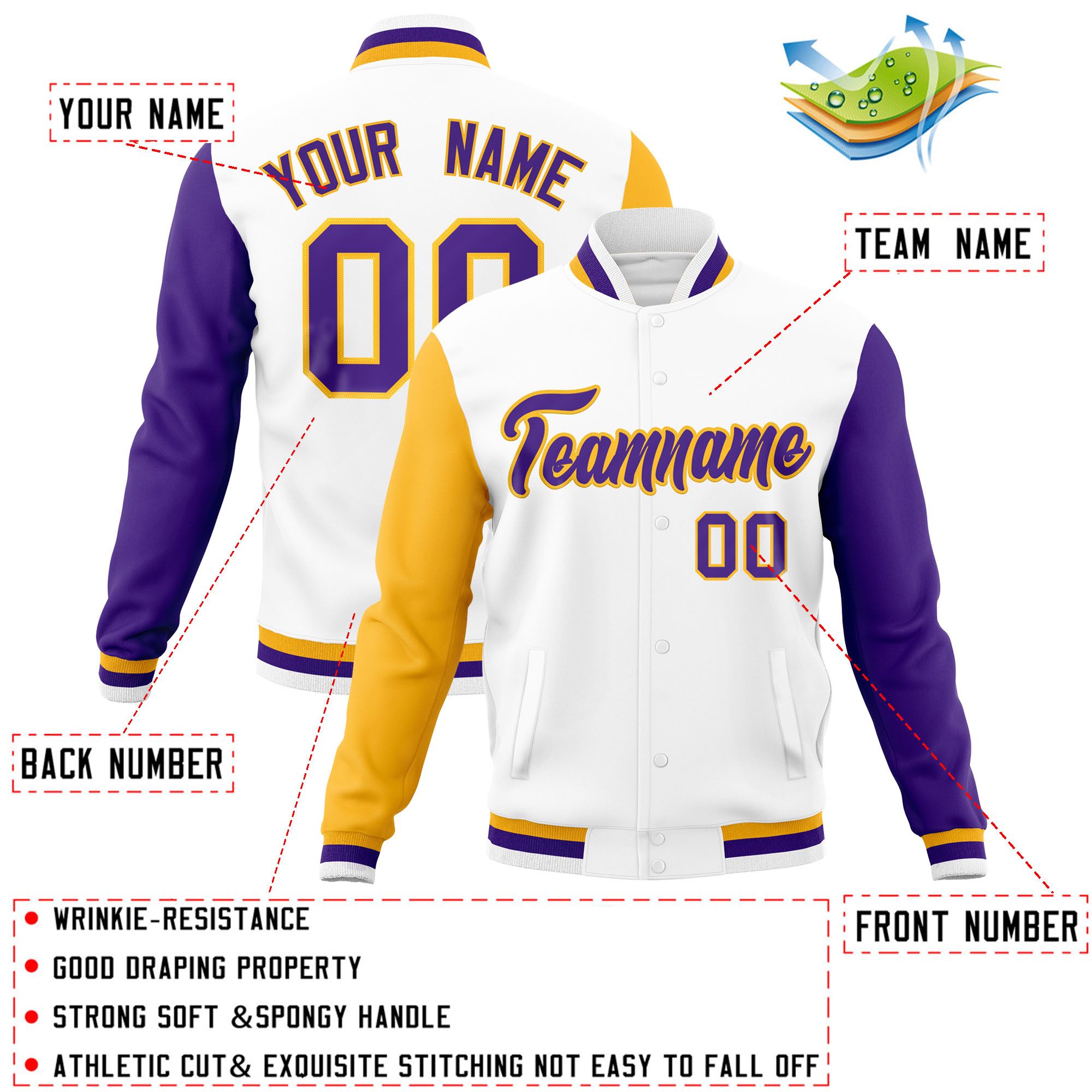 Custom White Purple-Gold Raglan Sleeves Varsity Full-Snap Letterman Jacket