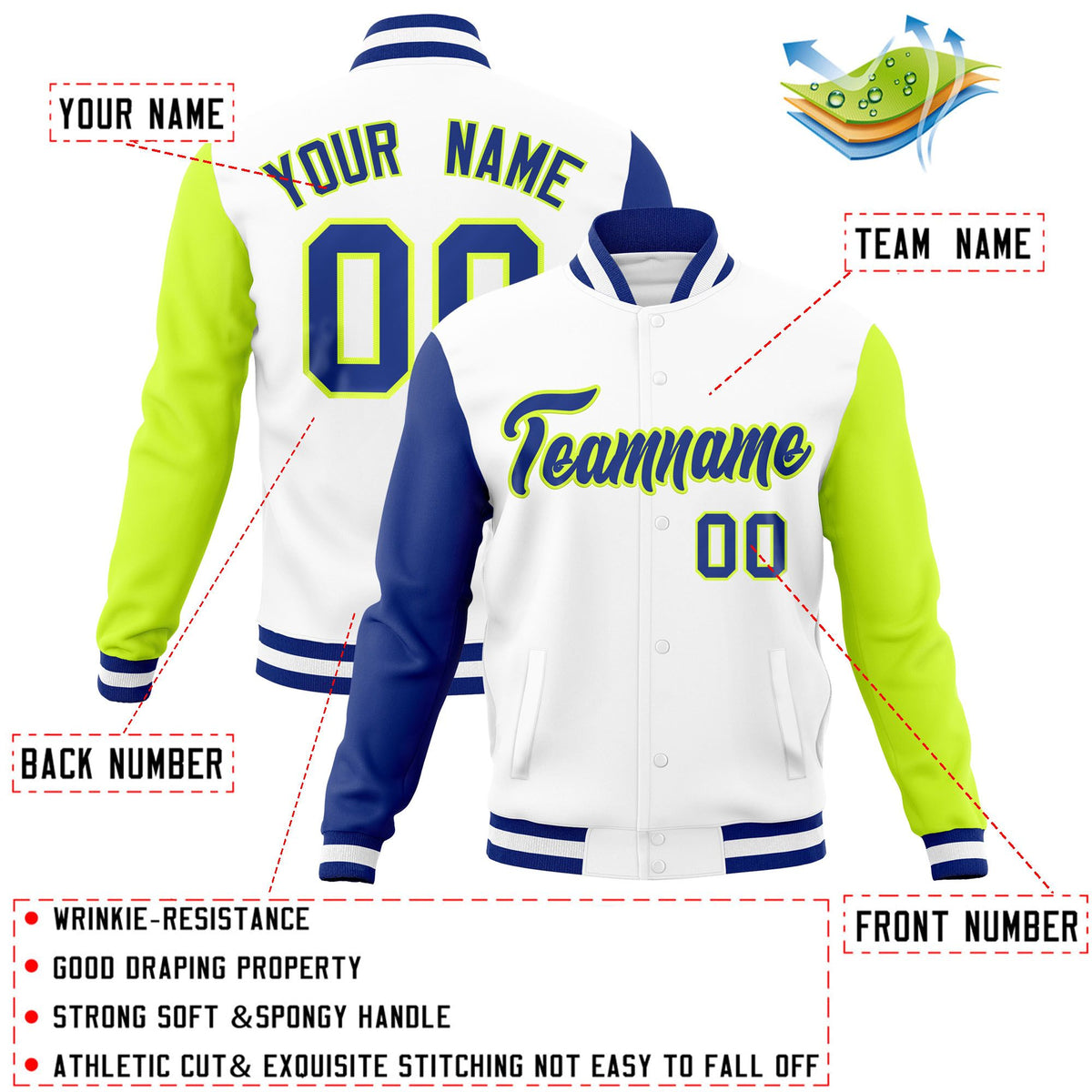 Custom White Neon Green-Royal Raglan Sleeves Varsity Full-Snap Letterman Jacket