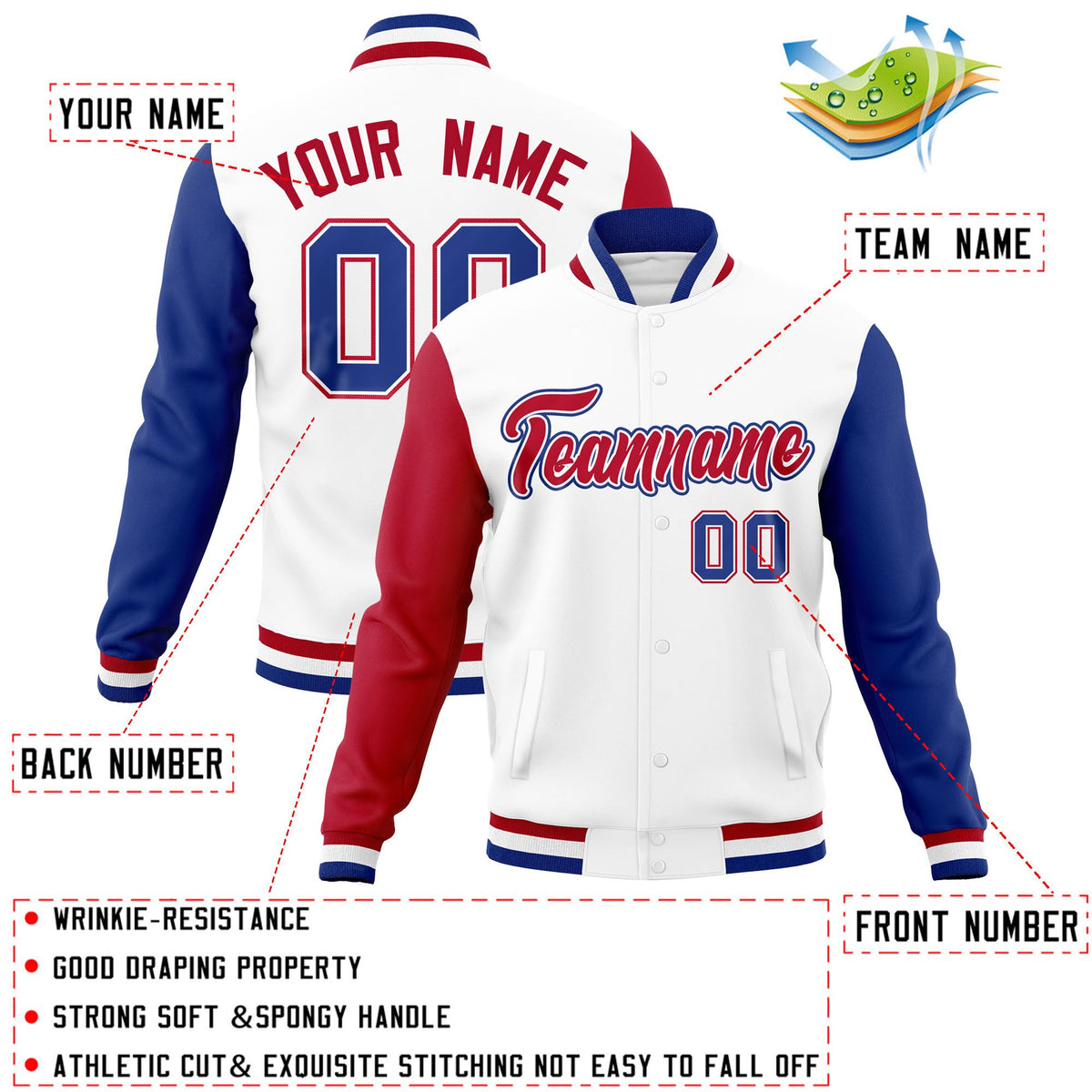 Custom White Royal-Red Raglan Sleeves Varsity Full-Snap Letterman Jacket