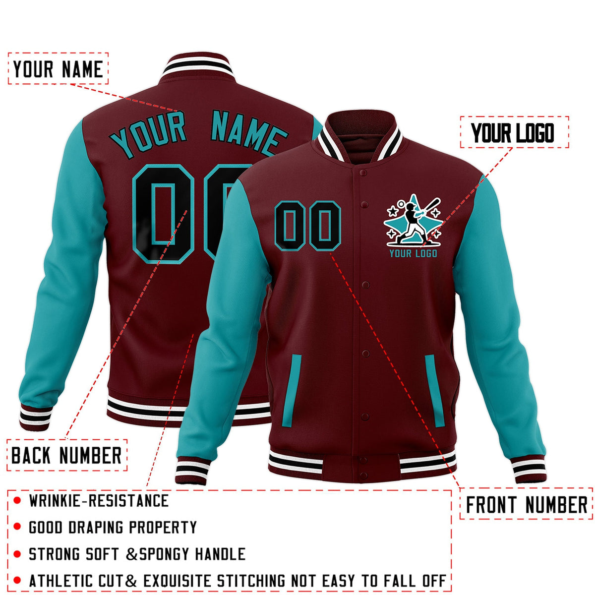 Custom Crimson Aqua White Raglan Sleeves Full-Snap Letterman Cotton Fabric Jacket| KXKSHOP