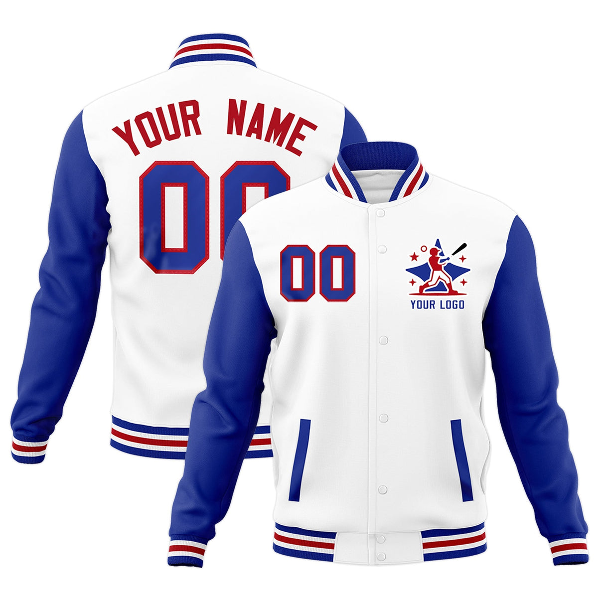 Custom Royal Blue White Red Raglan Sleeves Full-Snap Letterman Cotton Fabric Jacket| KXKSHOP
