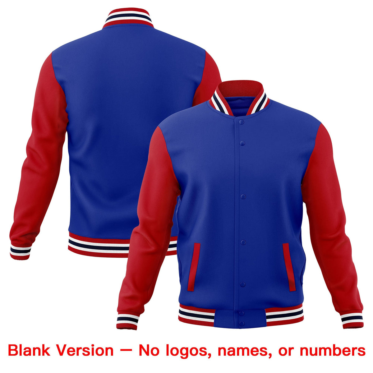 Custom Royal Blue Red White Raglan Sleeves Full-Snap Letterman Cotton Fabric Jacket| KXKSHOP