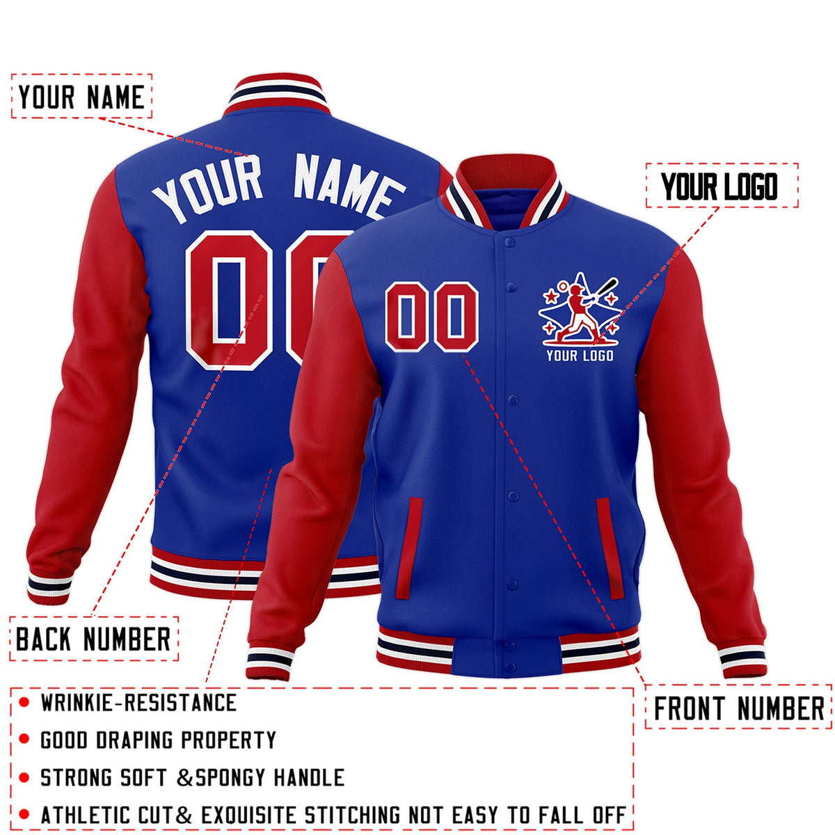 Custom Royal Blue Red White Raglan Sleeves Full-Snap Letterman Cotton Fabric Jacket| KXKSHOP