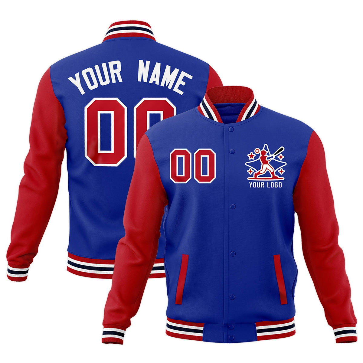 Custom Royal Blue Red White Raglan Sleeves Full-Snap Letterman Cotton Fabric Jacket| KXKSHOP
