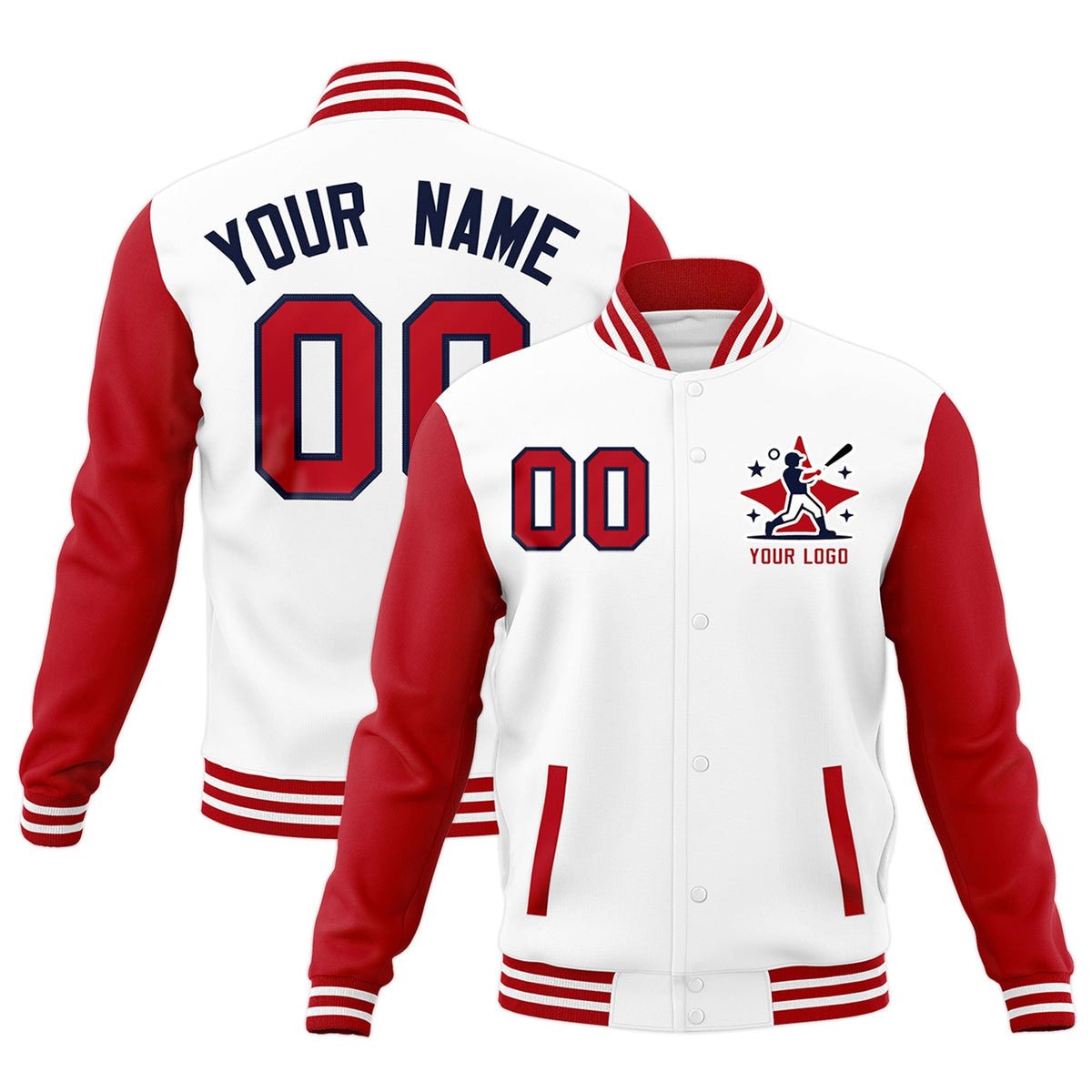 Custom White Red Black Raglan Sleeves Full-Snap Letterman Cotton Fabric Jacket| KXKSHOP
