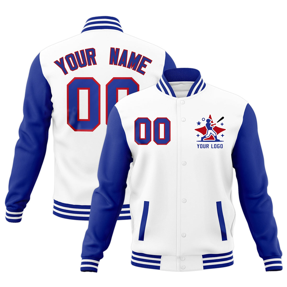 Custom White Royal Blue Red Raglan Sleeves Full-Snap Letterman Cotton Fabric Jacket| KXKSHOP