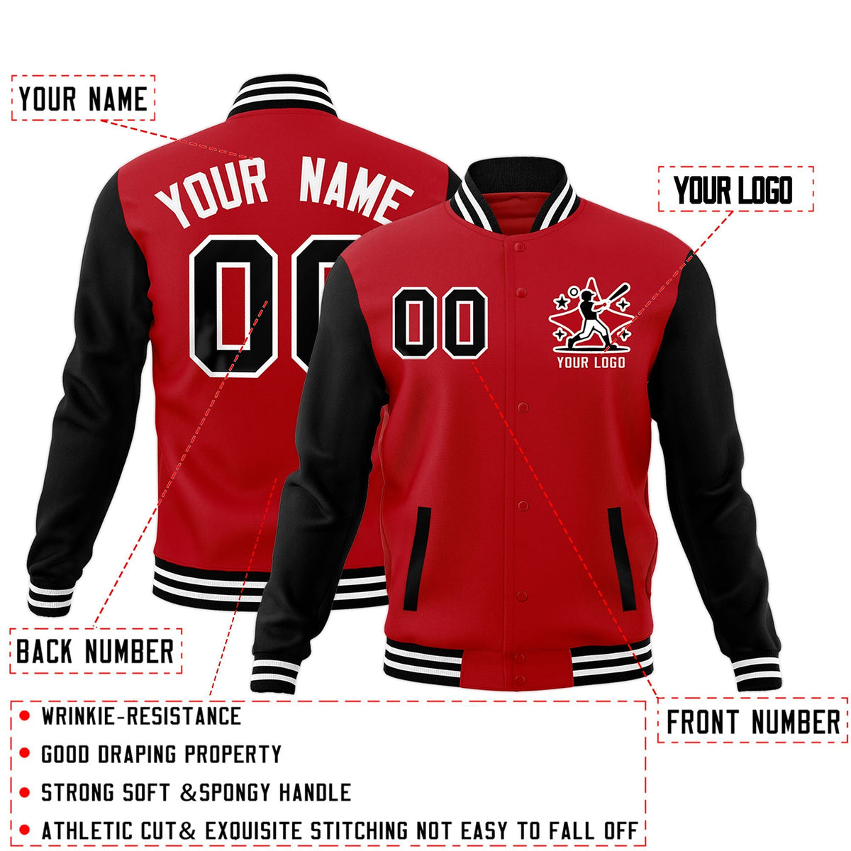 Custom Black Red White Raglan Sleeves Full-Snap Letterman Cotton Fabric Jacket| KXKSHOP
