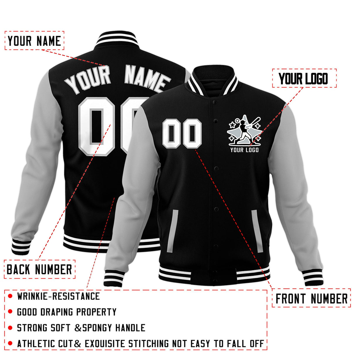 Custom Black Gray White Raglan Sleeves Full-Snap Letterman Cotton Fabric Jacket| KXKSHOP