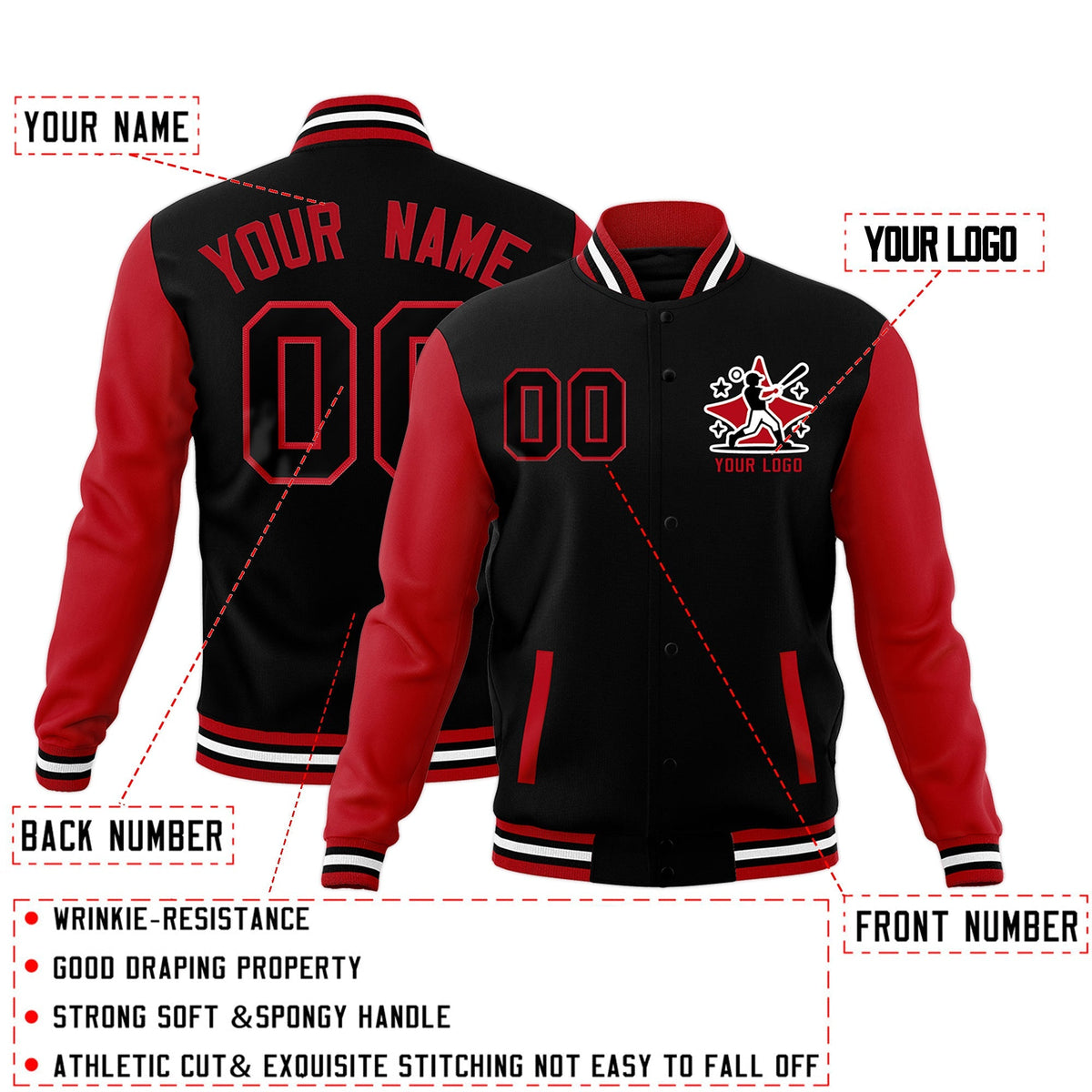 Custom Red White Black Raglan Sleeves Full-Snap Letterman Cotton Fabric Jacket| KXKSHOP