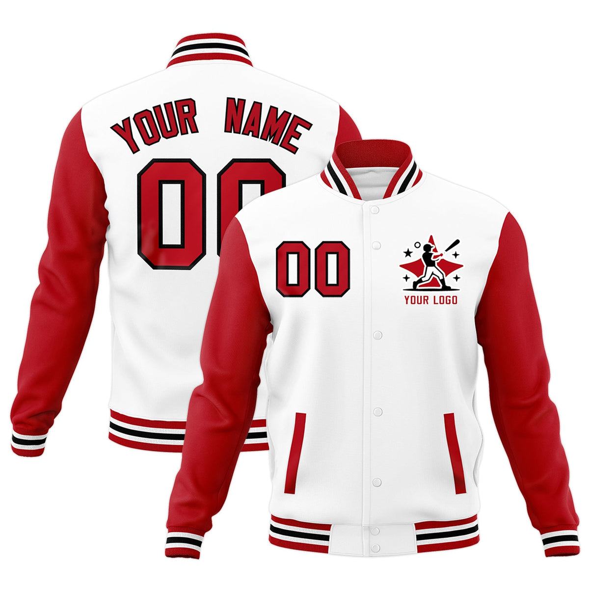 Custom White Red Raglan Sleeves Full-Snap Letterman Cotton Fabric Jacket| KXKSHOP