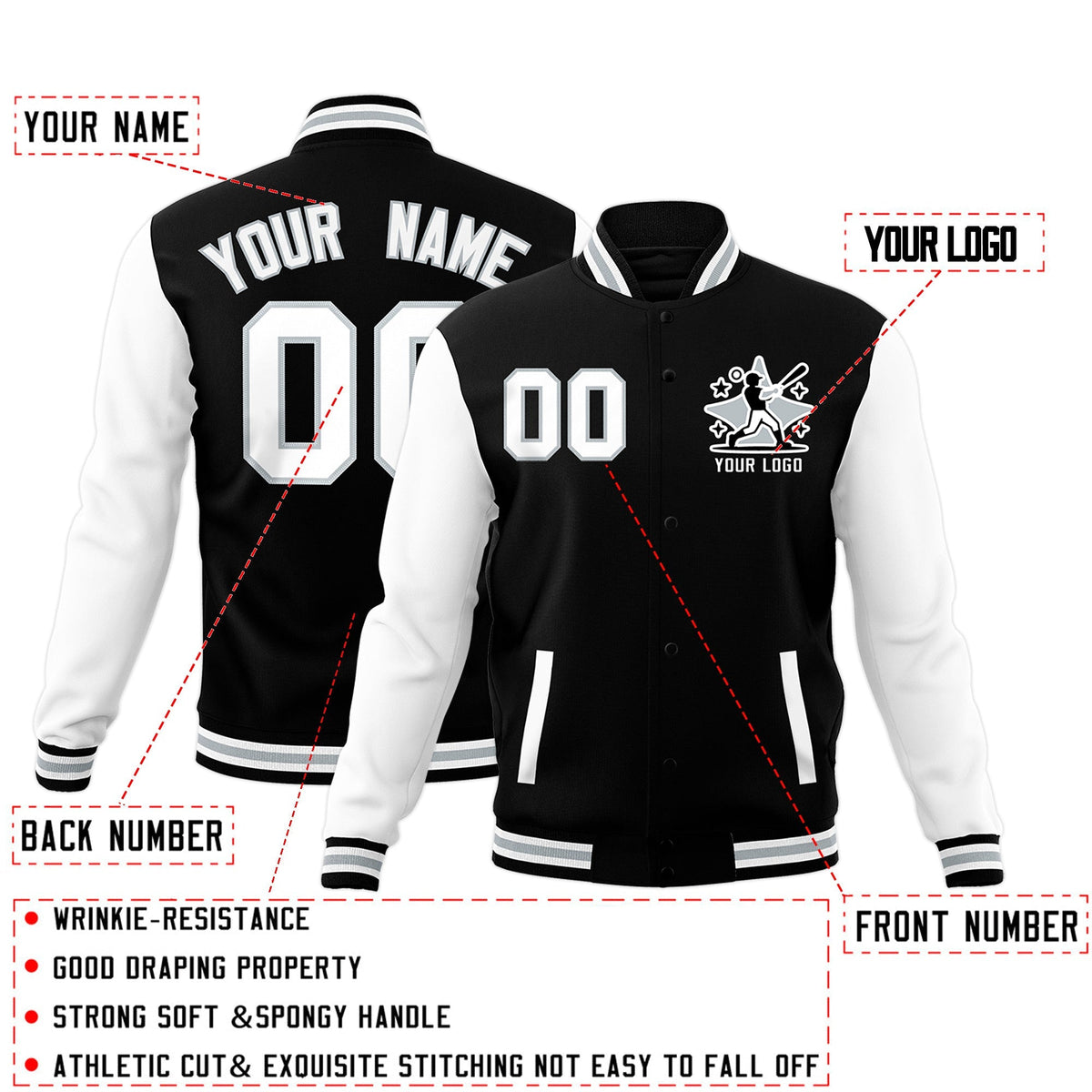 Custom Black White Gray Raglan Sleeves Full-Snap Letterman Cotton Fabric Jacket| KXKSHOP