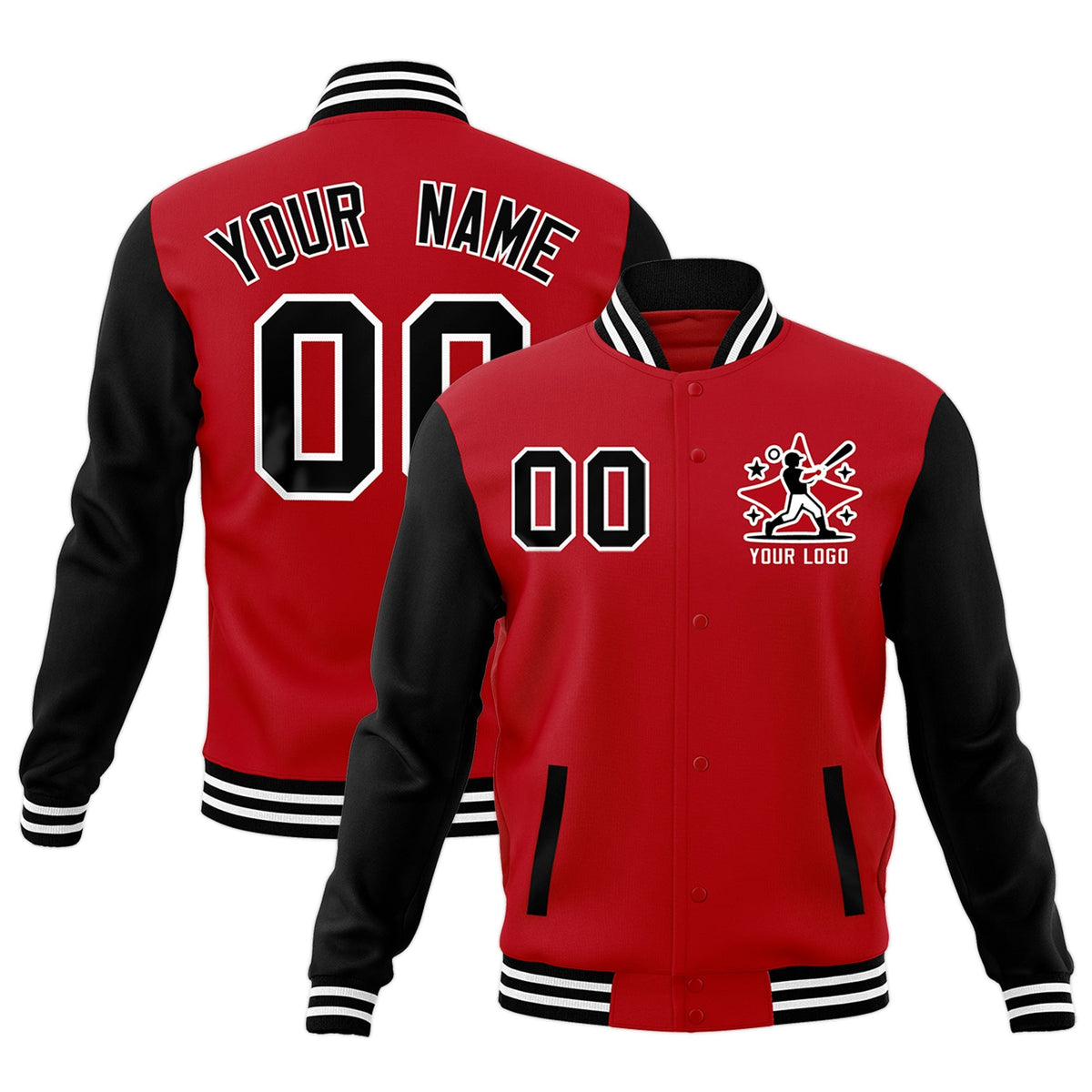 Custom Red Black White Raglan Sleeves Full-Snap Letterman Cotton Fabric Jacket| KXKSHOP