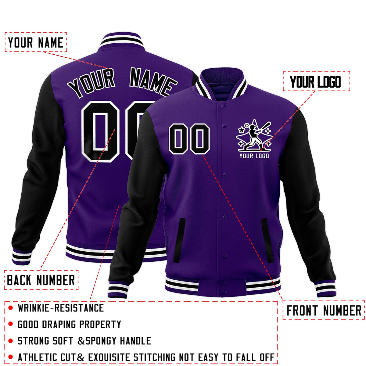 Custom Black Purple White Raglan Sleeves Full-Snap Letterman Cotton Fabric Jacket| KXKSHOP