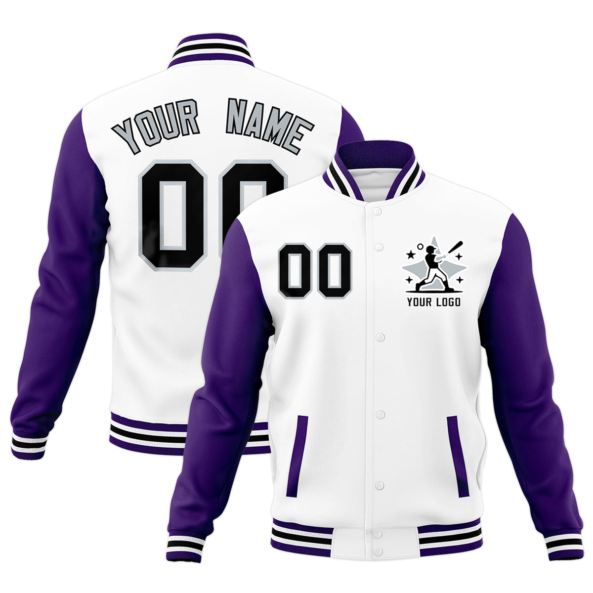 Custom White Purple Black Raglan Sleeves Full-Snap Letterman Cotton Fabric Jacket| KXKSHOP