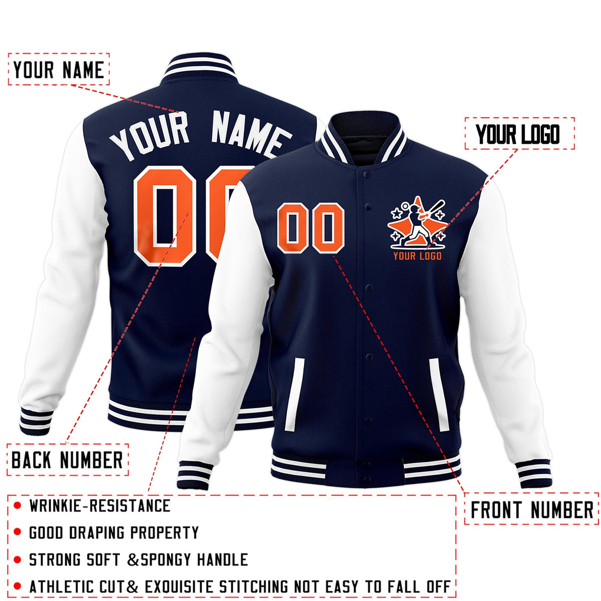 Custom Navy White Red Raglan Sleeves Full-Snap Letterman Cotton Fabric Jacket| KXKSHOP