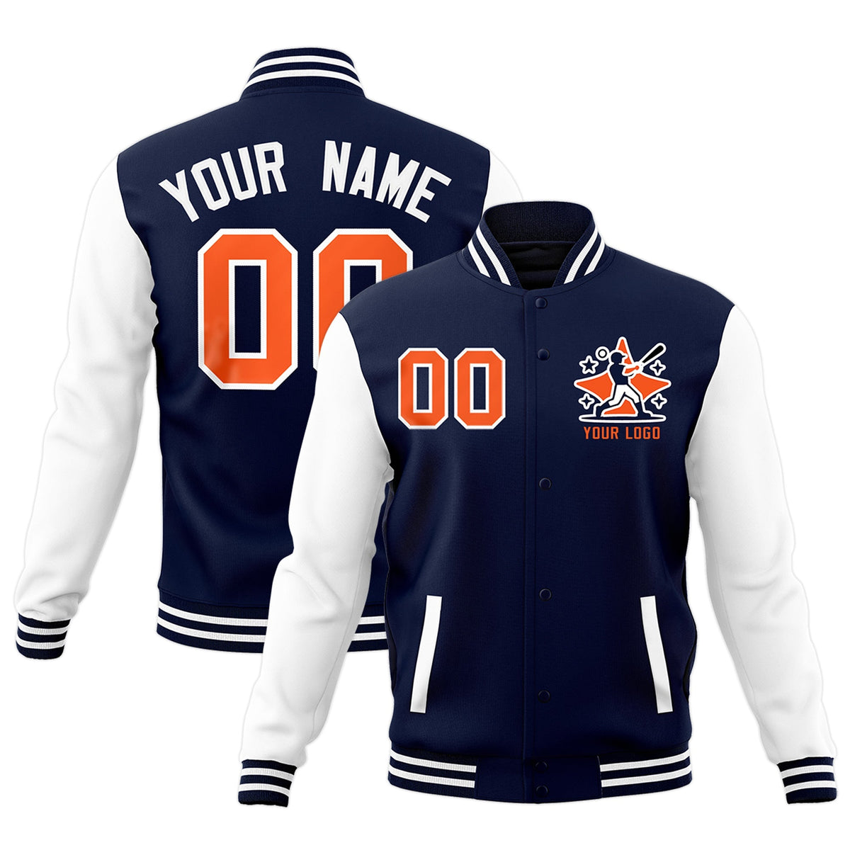 Custom Navy White Red Raglan Sleeves Full-Snap Letterman Cotton Fabric Jacket| KXKSHOP