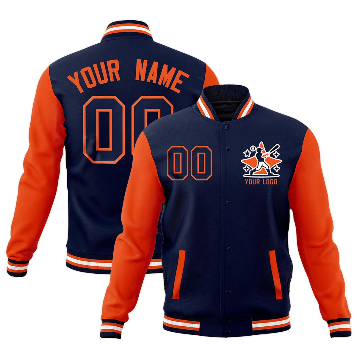 Custom Navy Orange White Raglan Sleeves Full-Snap Letterman Cotton Fabric Jacket| KXKSHOP