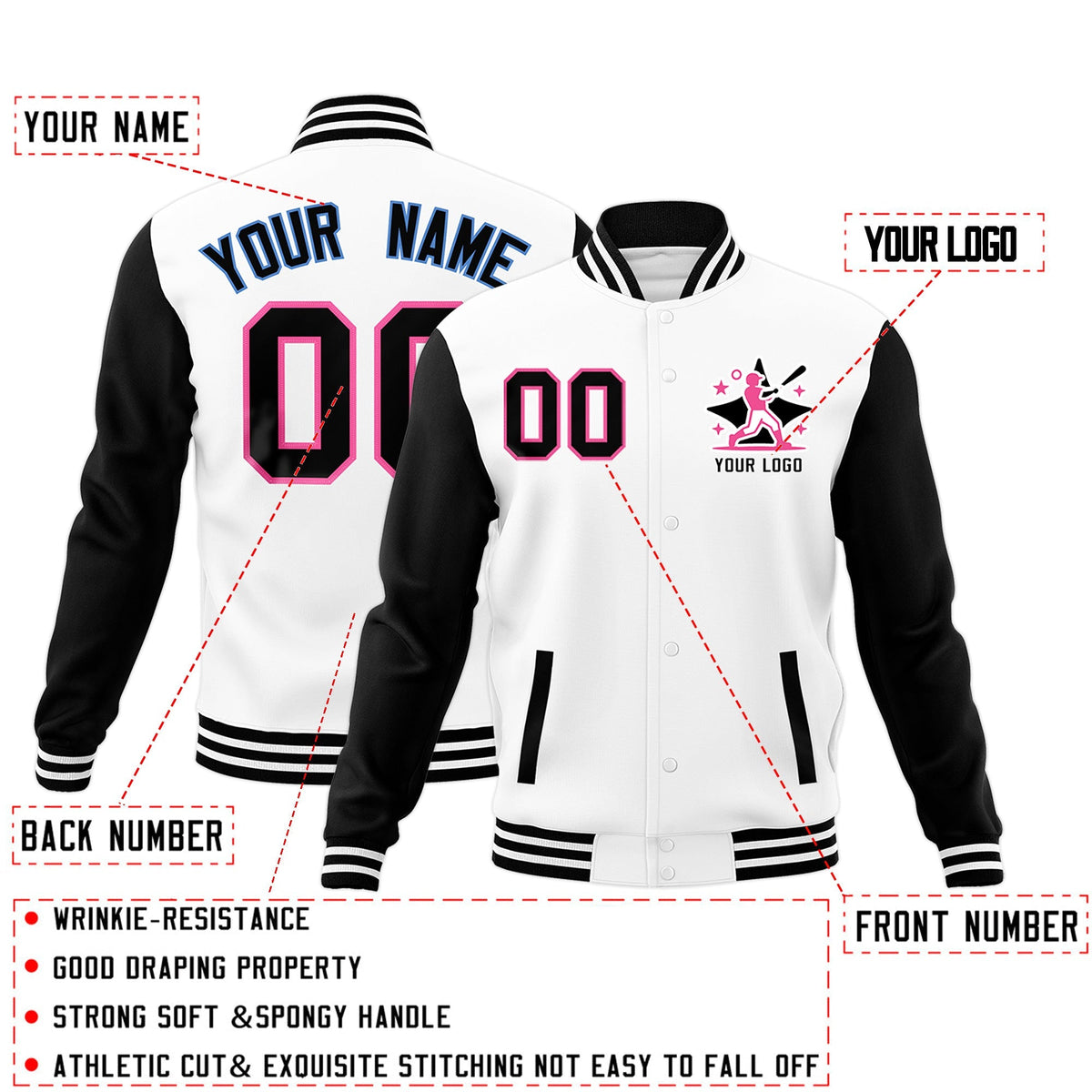 Custom White Black Pink Raglan Sleeves Full-Snap Letterman Cotton Fabric Jacket| KXKSHOP