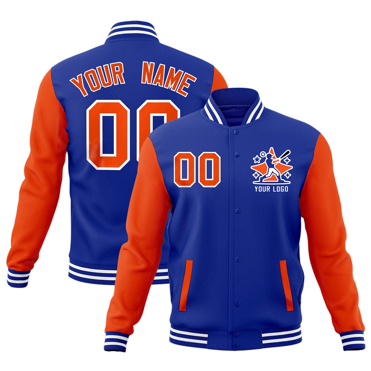 Custom Royal Blue Orange White Raglan Sleeves Full-Snap Letterman Cotton Fabric Jacket| KXKSHOP