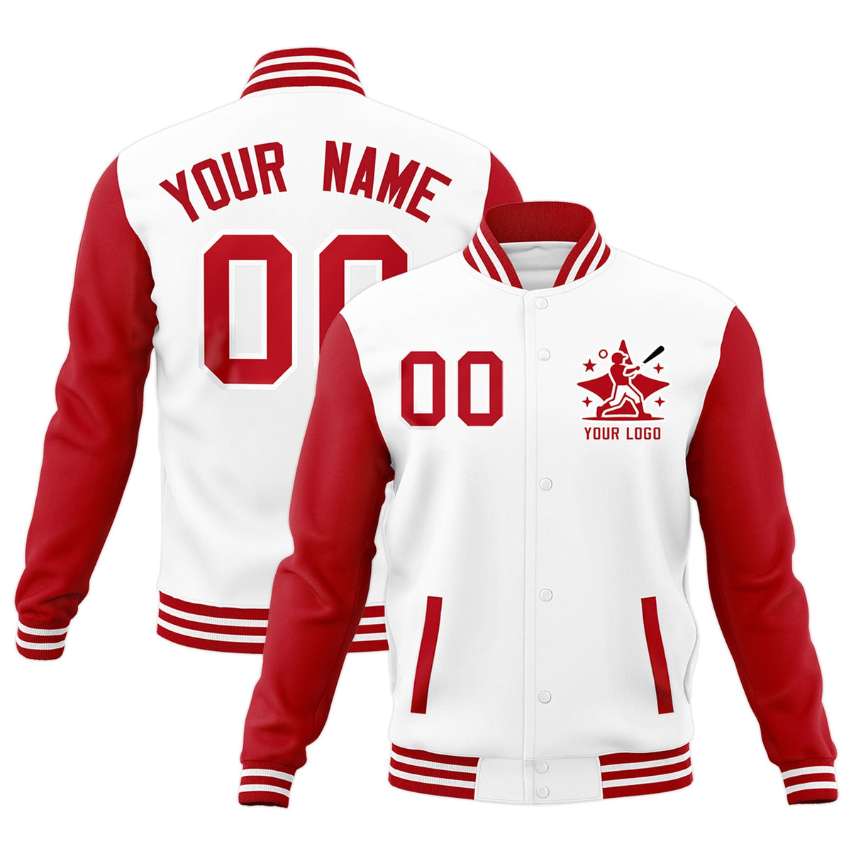 Custom Red White Raglan Sleeves Full-Snap Letterman Cotton Fabric Jacket| KXKSHOP