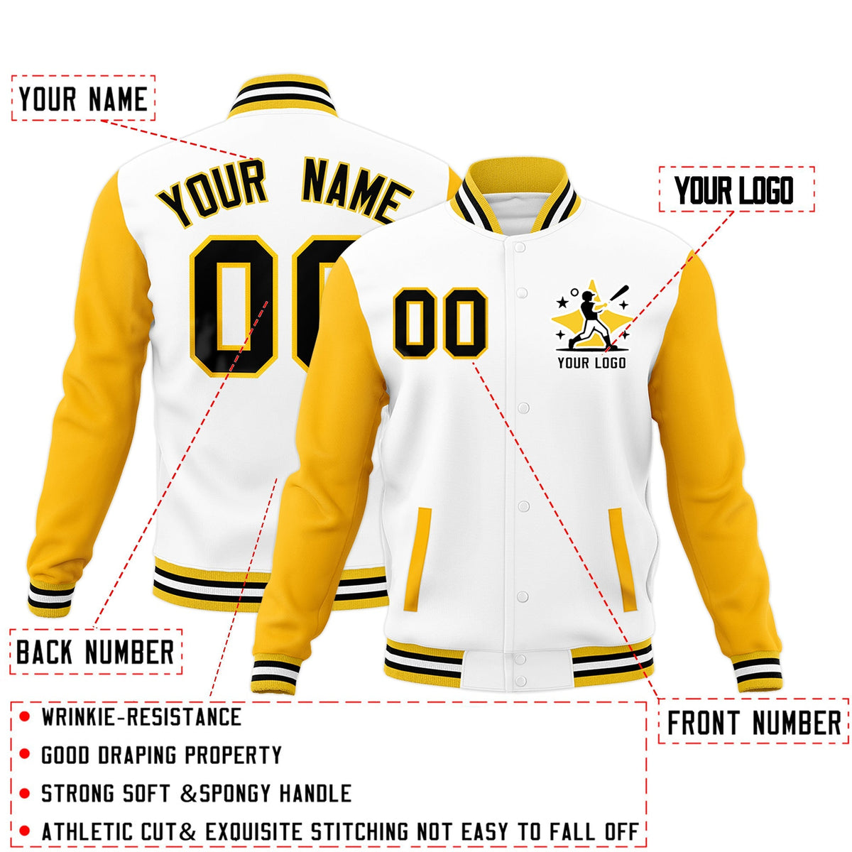 Custom White Gold Black Raglan Sleeves Full-Snap Letterman Cotton Fabric Jacket| KXKSHOP