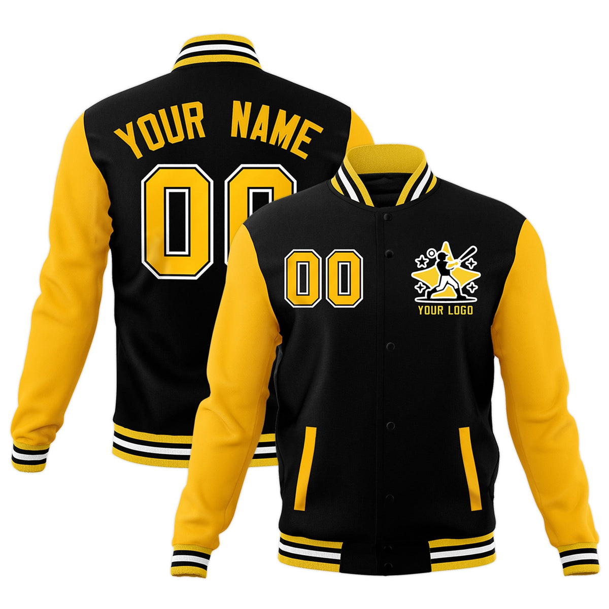 Custom Black Gold White Raglan Sleeves Full-Snap Letterman Cotton Fabric Jacket| KXKSHOP