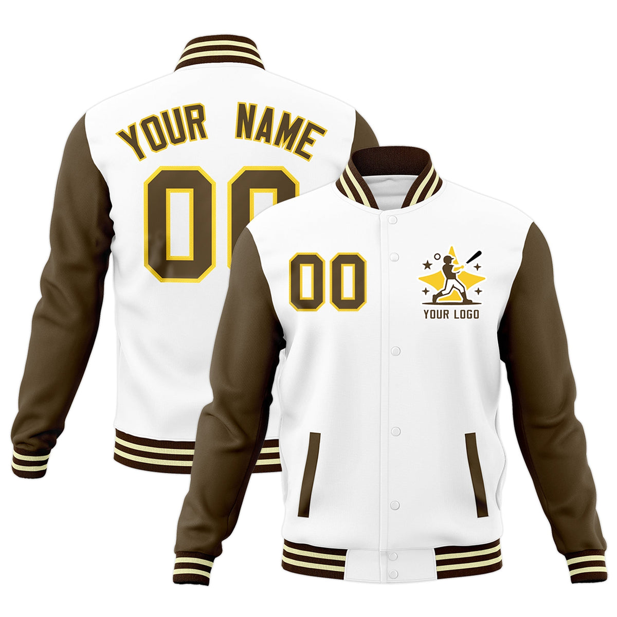 Custom White Light Brown Brown Raglan Sleeves Full-Snap Letterman Cotton Fabric Jacket| KXKSHOP