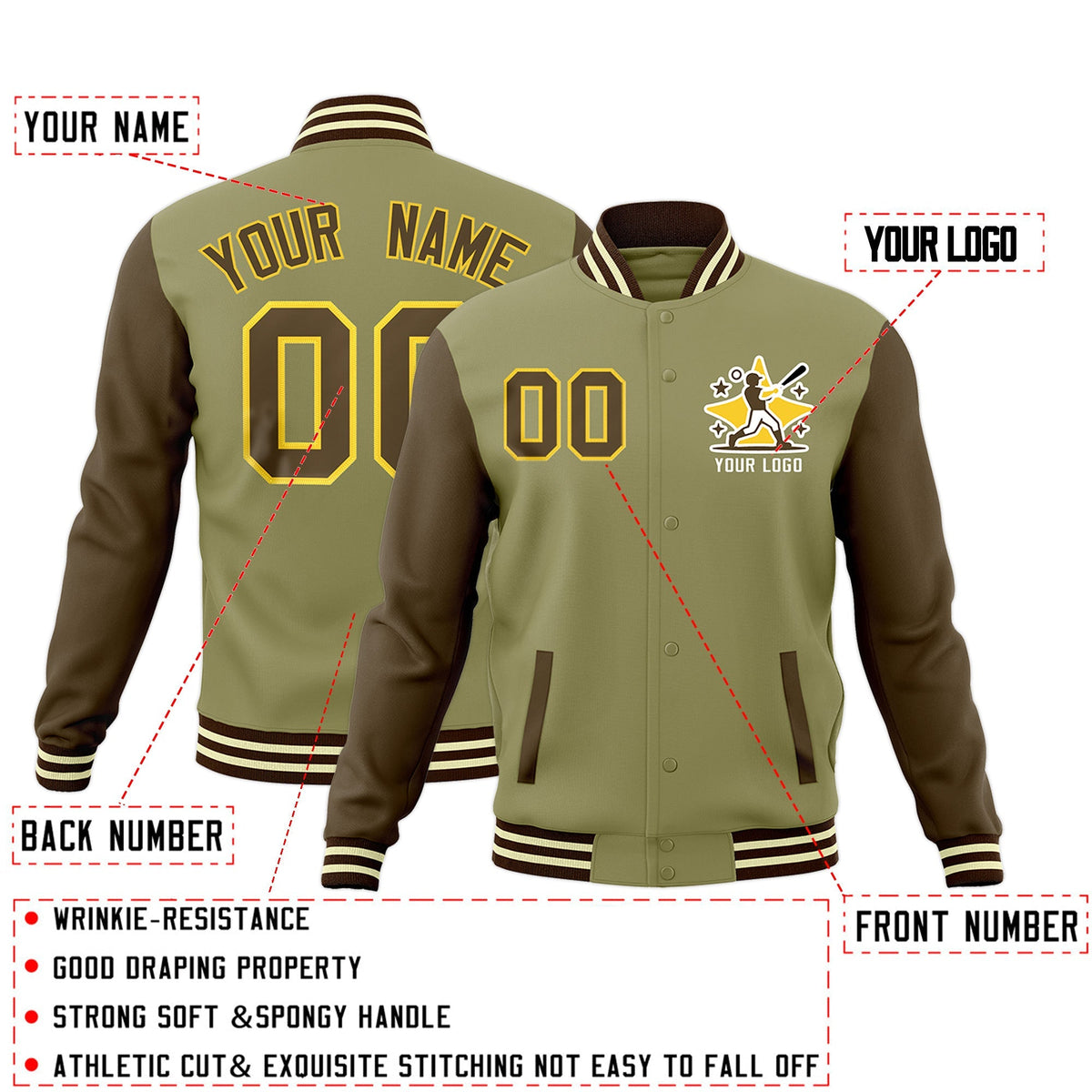 Custom Khaki Light Brown Cream Raglan Sleeves Full-Snap Letterman Cotton Fabric Jacket| KXKSHOP