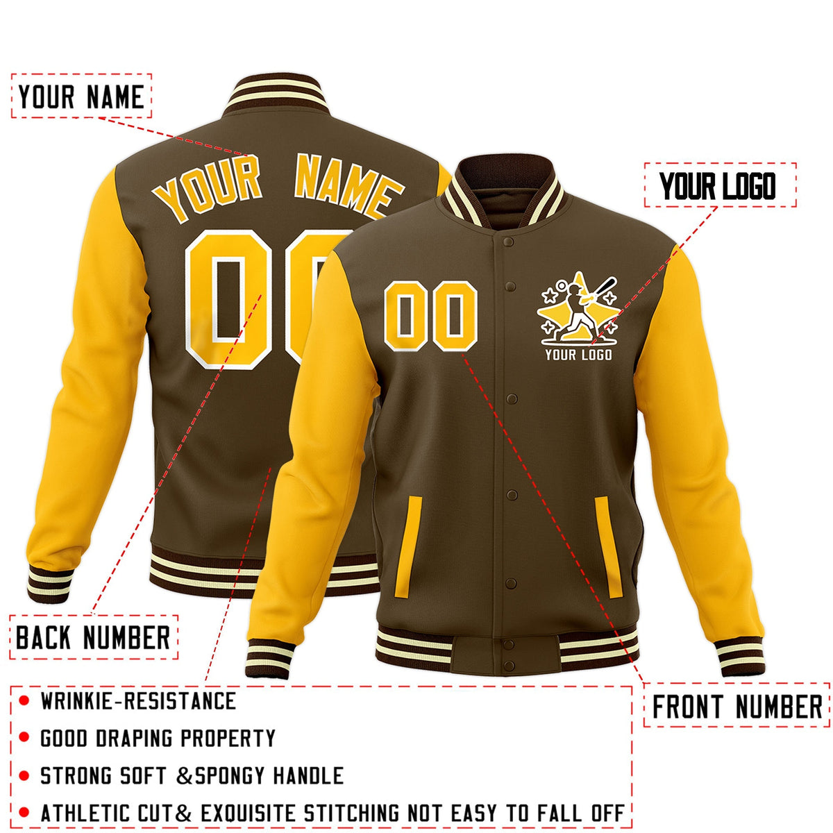 Custom Yellow Light Brown Cream Raglan Sleeves Full-Snap Letterman Cotton Fabric Jacket| KXKSHOP