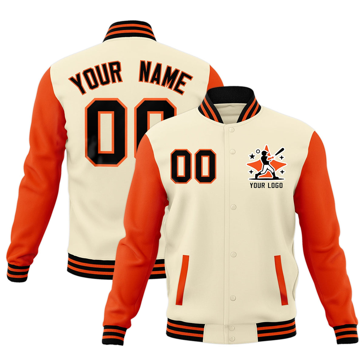 Custom Cream Orange Black Raglan Sleeves Full-Snap Letterman Cotton Fabric Jacket| KXKSHOP