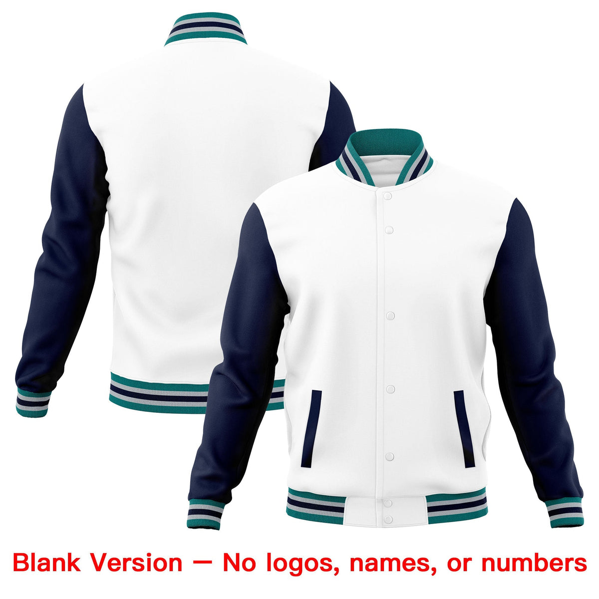 Custom White Navy Teal Raglan Sleeves Full-Snap Letterman Cotton Fabric Jacket| KXKSHOP